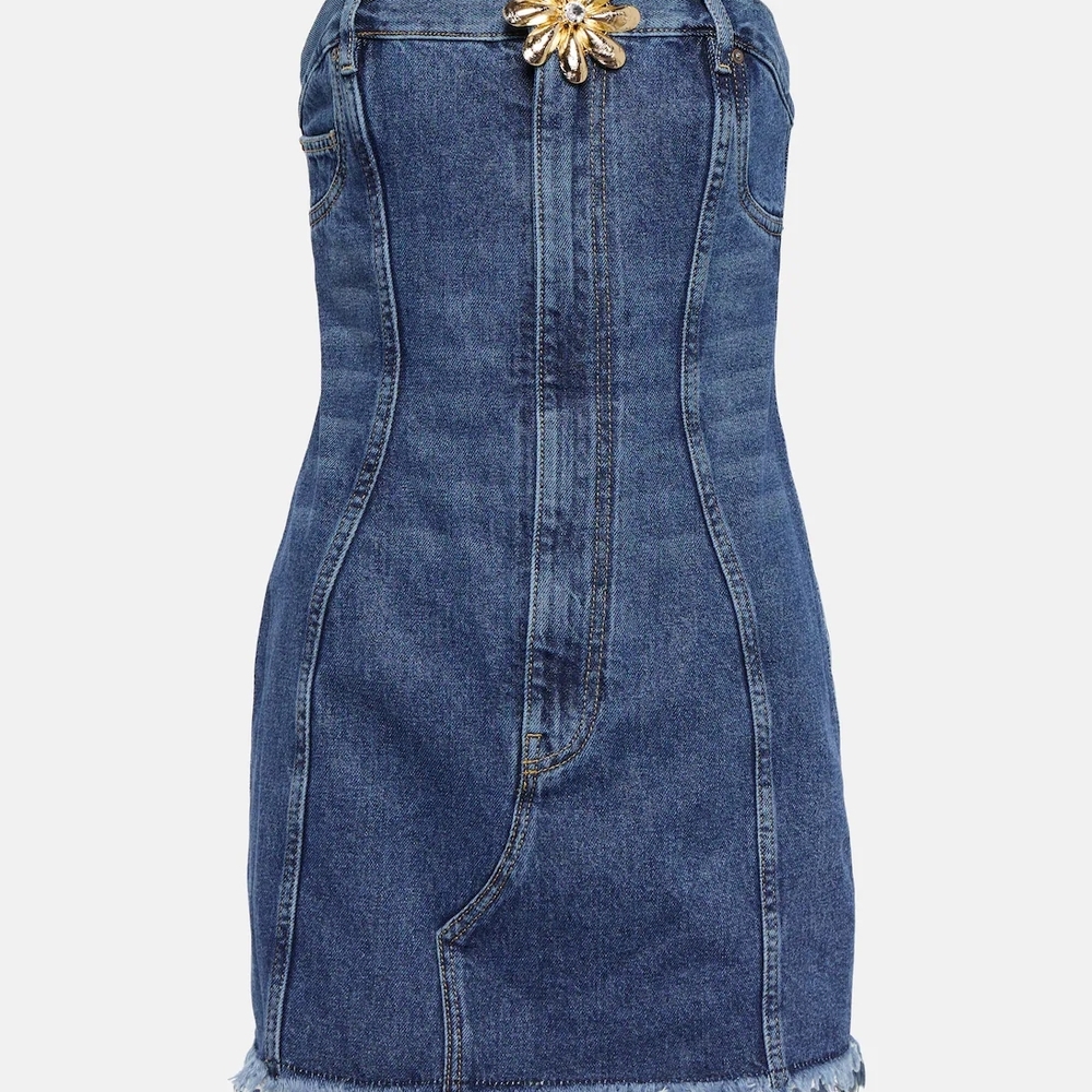 AREA Denim Strapless Dress with Gold Flower Accent. SIZE 4
